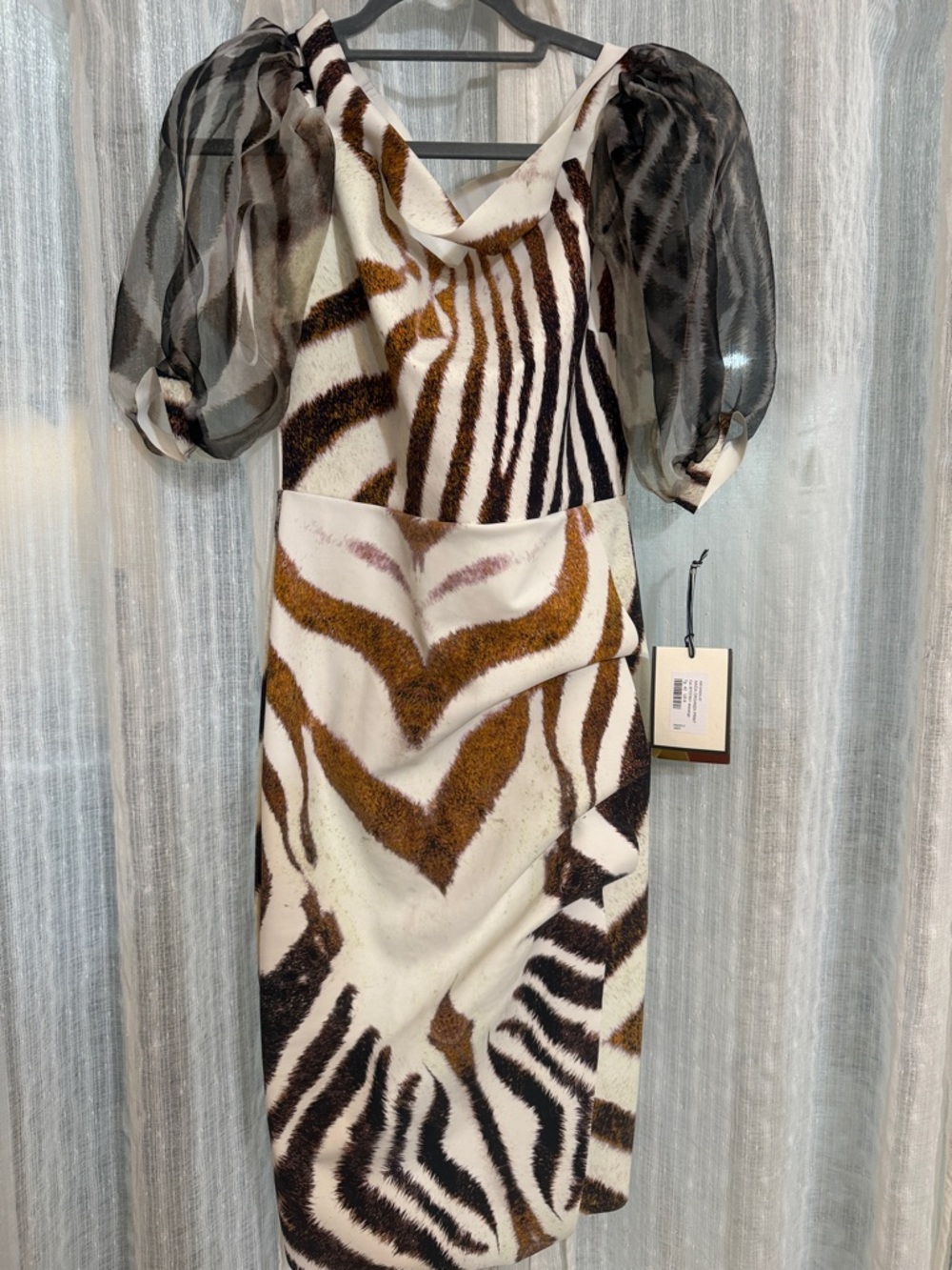 NWT Chiara Boni La Petite Robe Alithia Organza Sleeve Dress 6 Animal Print - Picture 2 of 7
